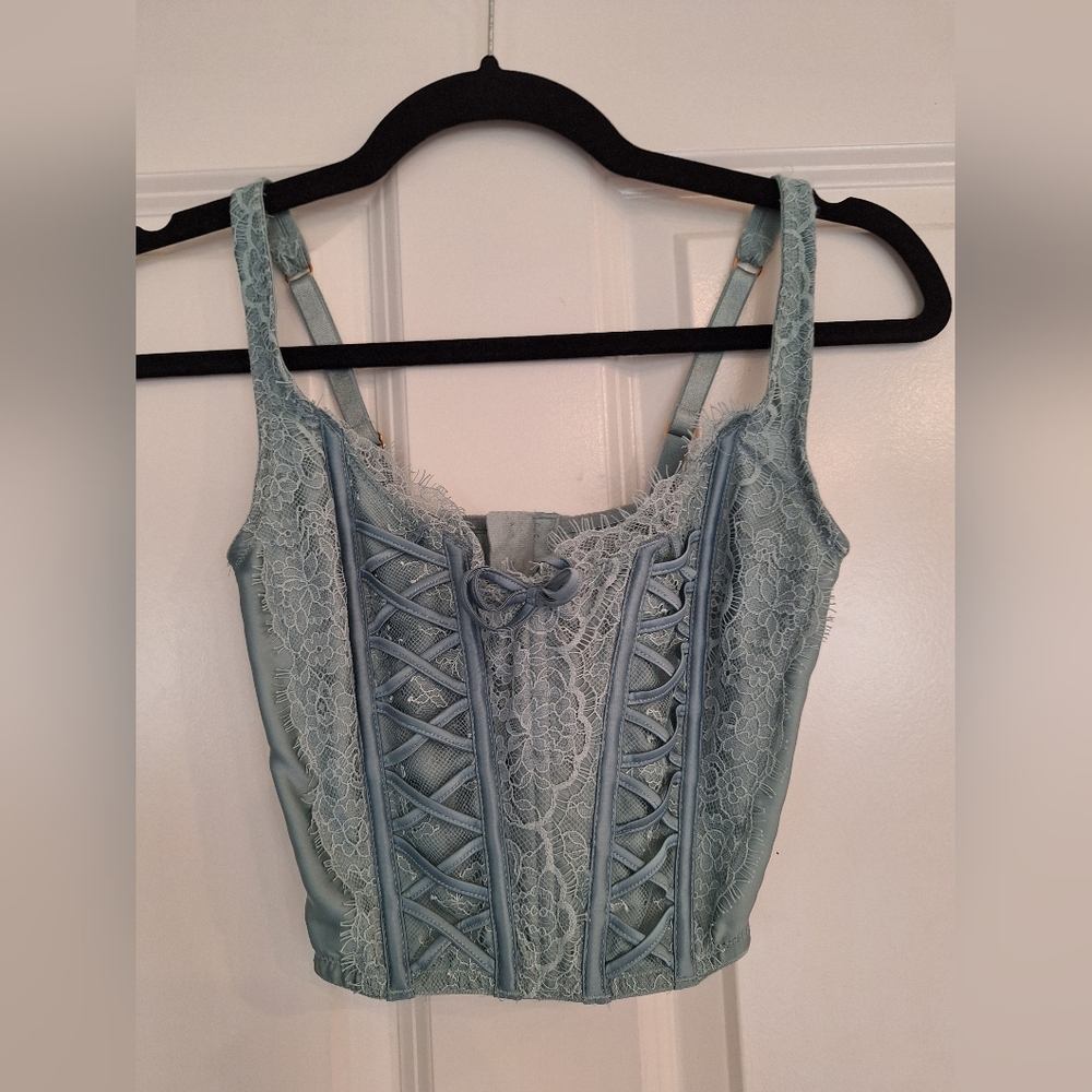 Victorias Secret Lace-Up Corset Top in Light Blue Green‎ Size S DD